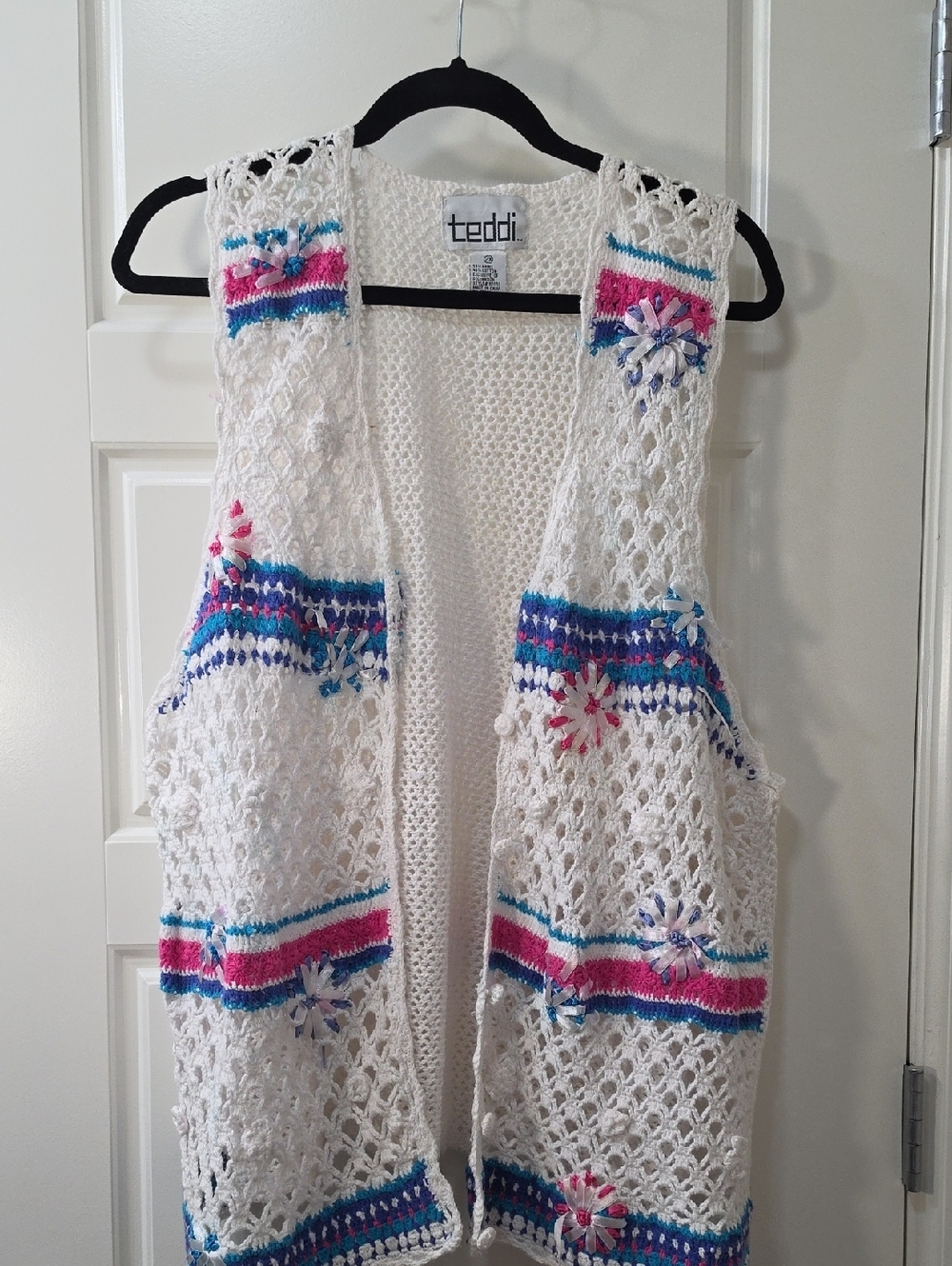 Teddi White Crochet Vest Pink Blue Stripes Satin Ribbon Rosettes 2XL